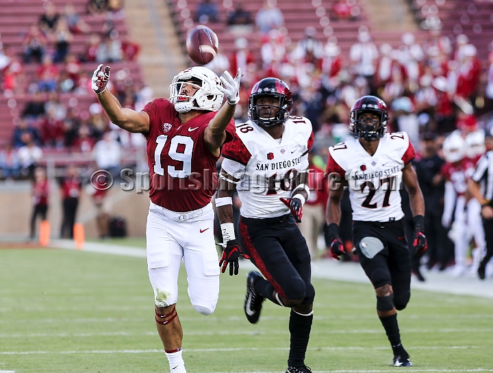 20180831SanDiegoatStanford-06.JPG - A pass is out of reach for Stanford wide receiver JJ Arcega-Whiteside (19) during an NCAA football game against the San Diego Aztecs in Stanford, Calif. on Friday, August 31, 2017. Stanford defeated San Diego State 31-10.